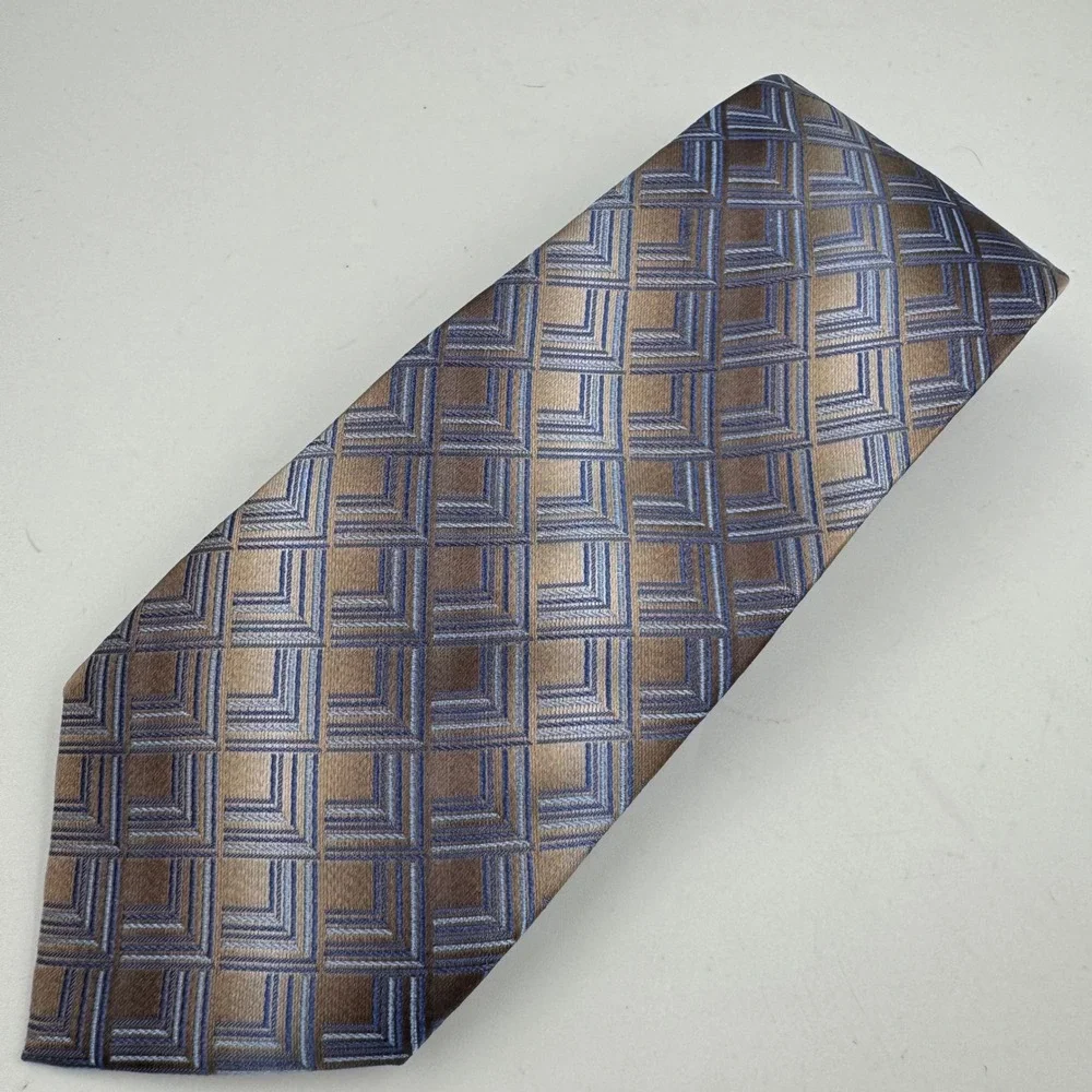 Pierre Cardin Necktie Mens Brown Blue Geometric Silk Professional Classic